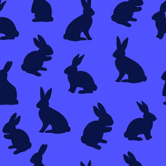 Seamless vector pattern with blue easter bunnies on purple background
