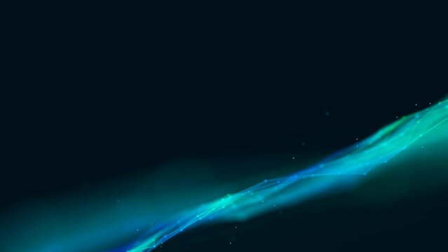Animated neon background frame. Moving flow of wave cosmic energy. Pattern plex lines, dot, chaotic particles. Northern lights. Milky Way. Shimmer star. LED strip. Intro logo, technology, business. 4k