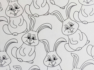 Background with rabbits. Symbol of 2023 year drawn black marker on white paper. Animal of chinese luna calendar.