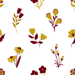 Seamless vector pattern with red-yellow flowers on a white background