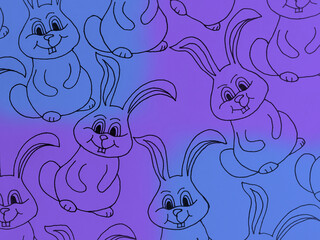 Fototapeta premium Background with rabbits. Symbol of 2023 year drawn black marker on colorful paper. Animal of chinese luna calendar.
