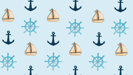 Seamless pattern made of anchor, boat and rudder on bright blue background. Minimal summer season concept. Tropical vacation flat lay wallpaper idea.