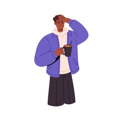 Black man suffering from headache, cold. Sick person feeling bad, unwell, holding hot drink, tea cup. Guy with flu and high temperature. Flat graphic vector illustration isolated on white background