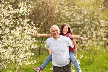 Fototapeta premium Grandfather And granddaughter on flower farm