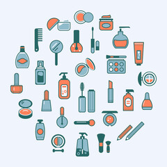 Vector set of flat icons of cosmetics, beauty products and makeup