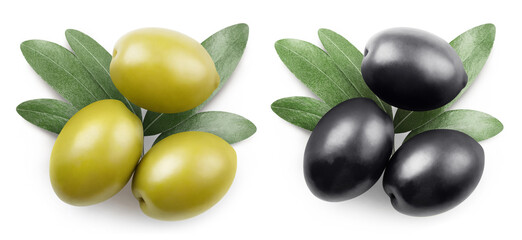 Delicious green and black olives, isolated on white background - obrazy, fototapety, plakaty