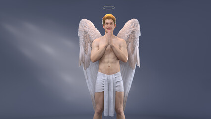 3D Render : A smiling male Angel character is praying faithfully to god with his hand put together at his chest