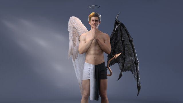 3D Render : A male character who is combined with Angel and Demon, half angel half Demon illustration