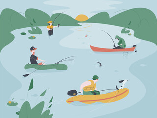 Several fishermen on boat are fishing on a lake or river. Fish catching vector illustration.