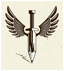 Fototapeta premium Idea is a weapon concept, weapon of a designer or artist allegory shown as winged sword with pencil instead of blade, creative power, vector logo or icon.