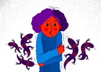 Herpetophobia fear of reptiles snakes and lizards vector illustration, girl surrounded by imaginary reptiles in panic attack and fear, mental health concept.