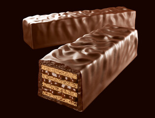 Chocolate coated crispy wafer bar. Isolated on background. 3d illustration