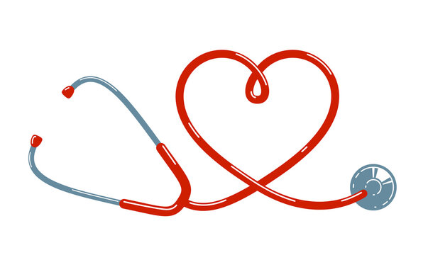 Heart shaped stethoscope vector simple icon isolated over white background, cardiology theme illustration or logo.