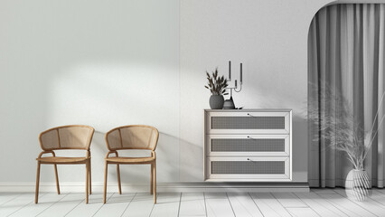 Architect interior designer concept: hand-drawn draft unfinished project that becomes real, living waiting room with rattan armchairs and wooden sideboard. Curtains and decors