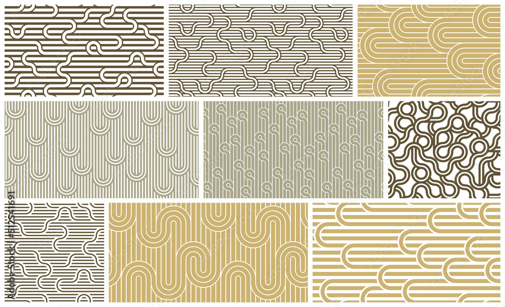 Poster lined seamless vector patterns with twisted lines, geometric abstract backgrounds set, stripy net, o
