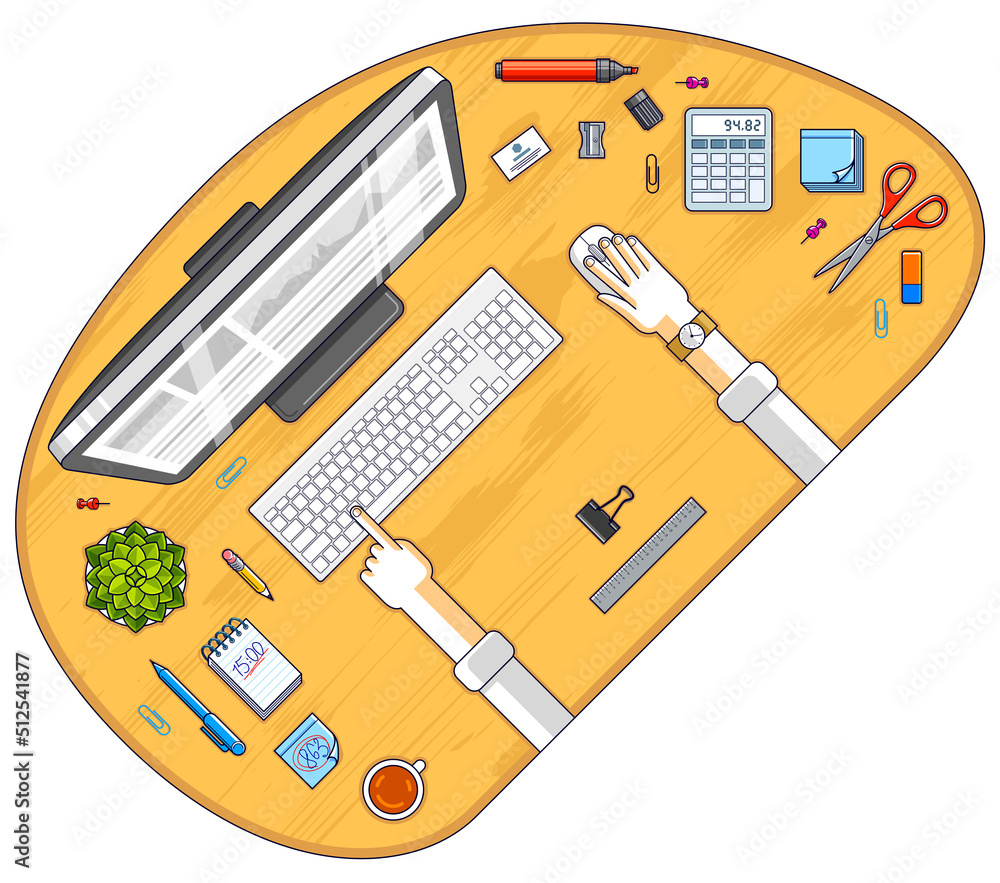 Poster office desk workspace top view with hands of office employee or entrepreneur, pc computer and divers