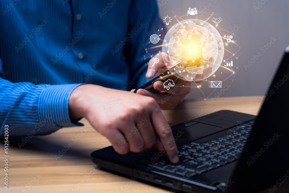 Poster businessman using smart phone. global business internet connection application technology and digita
