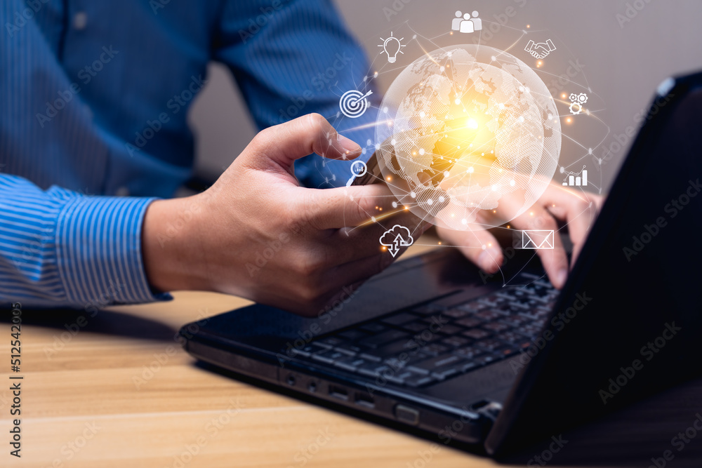 Poster businessman using smart phone. global business internet connection application technology and digita