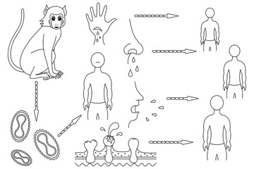 Monkeypox. The route of infection and the mechanism of transmission to humans of the smallpox virus. Sketch. Monkey - virus - man. Vector illustration. Coloring book for children. Viral disease. 