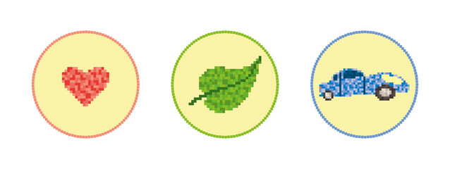 Heart, leaf and car drawn in pixel style, simple icons, vector illustration