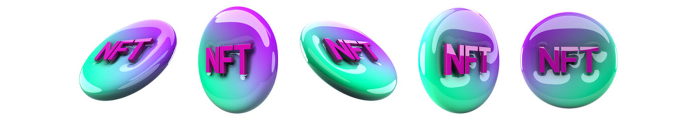 Set floating rotating 3d silver steel NFT cryptocurrency crypto cash money coins 3d illustration transparent background