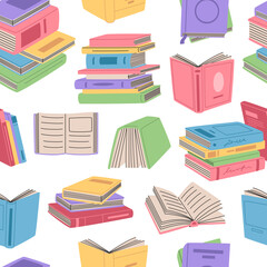 Seamless pattern with retro books in colorful covers. Pile of literature and textbooks for reading and learning. Hand drawn vector illustration isolated on white background. Modern flat cartoon style.
