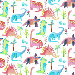 Watercolor childish seamless pattern with dinosaurs and plants.