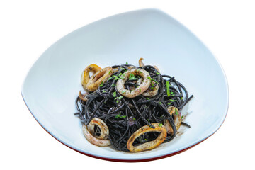 A Dish of Spaghetti with Cuttlefish Sauce On The white Background