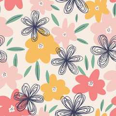Seamless vector pattern with scribbles, abstract forms, doodle flowers. Hand drawn abstract background in neutral tones. For textiles, clothing, bed linen, office supplies.