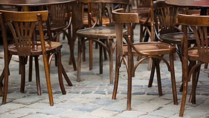 old chairs standing on the pavement Lviv. Ukraine