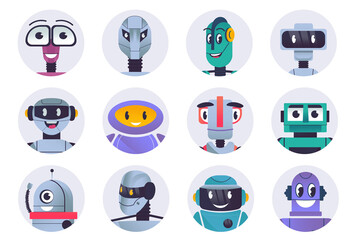 Cute robots characters avatars isolated set. Diverse robots with smiling face emotion. Virtual assistants, digital ai bots or chatbot mascots. Vector illustration with people in flat cartoon design