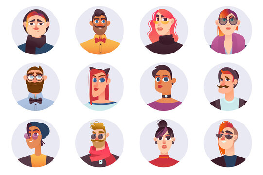 Hipster characters avatars isolated set. Different portraits of men and women with fashionable hairstyles, glasses, hats and stylish clothes. Vector illustration with people in flat cartoon design