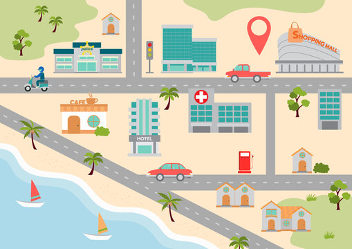 Beach town city location map vector illustration design