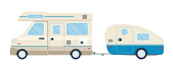 Camper car, bus, travel house with trailer. Flat vector illustration isolated on white background