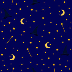 Fototapeta premium magic seamless pattern. night sky pattern. wizard pattern. witch's hat, crescent, moon, stars, magic wand. good for fabric, fashion, night wear, pajama, Halloween costume, etc.