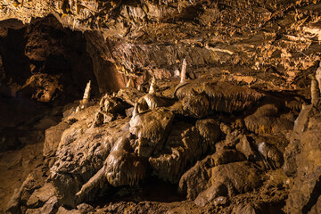 Cave with stalactites and stalagmites. The geological formation of Punkva Caves