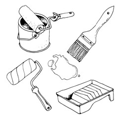 Repair tools, painting tools, vector hand drawn illustration set, insulated on white background