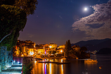 Fototapeta na wymiar The town of Varenna, on Lake Como, photographed at dusk. 