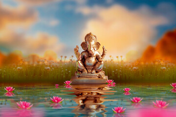 Golden lord ganesha sculpture over white background. celebrate lord ganesha festival. - obrazy, fototapety, plakaty