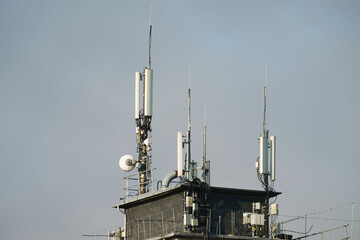 Telecommunication concrete tower with antennas. LTE, GSM, 2G, 3G, 4G, 5G tower of cellular...