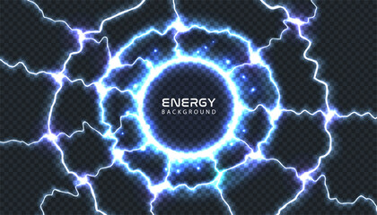 Abstract energy shock lightning ring frame special light effect on transparent background. Vector blue power thunderbolt mesh. Electric high voltage discharge round border. Futuristic space portal - obrazy, fototapety, plakaty