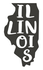 Illinois map with text. Illinois state map for poster, banner, t-shirt, tee. Illinois silhouette state. Vector outline Isolated black illustratuon on a white background.