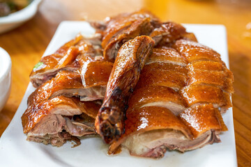 A delicious and tempting Cantonese-style roasted braised, deep well roasted goose