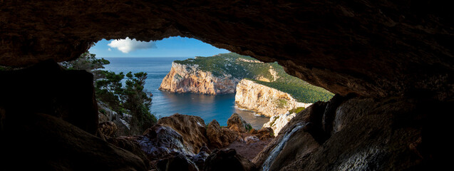Panoramic view from the cave of the broken vessels of the protected marine area of Capo Caccia,...