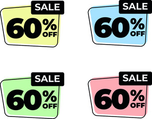 60% sixty off tag percent discount sale black letter yellow blue green pink background