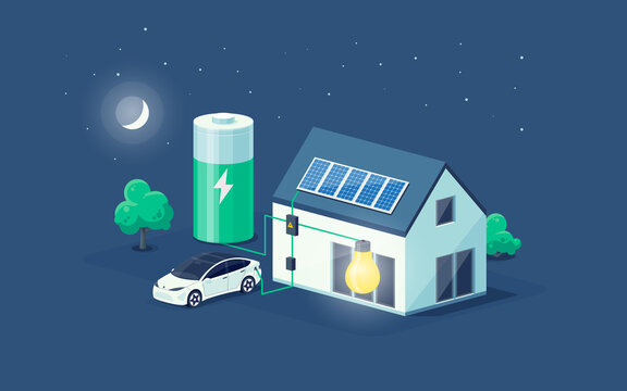 Home electricity scheme with battery energy storage system power modern house at night. photovoltaic solar panels and rechargeable li-ion backup. Electric car charging on renewable off-grid system.