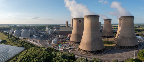 aerial panorama of a coal fired power station - obrazy, fototapety, plakaty