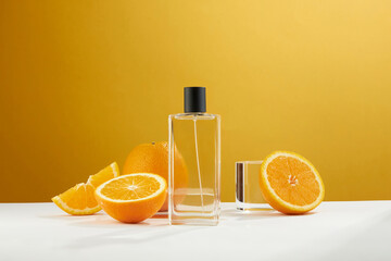 A front view of lemon decorated with cosmetic jar and transparent podium in orange background 