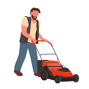 Man mowing grass with lawn mower vector illustration. Cartoon isolated worker of maintenance service holding push lawnmower machine to care summer garden, field and yard, gardener trimming plants