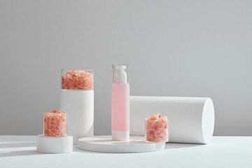 Front view of cosmetic jar decorated with white podium and himalaya salt white abstract background 